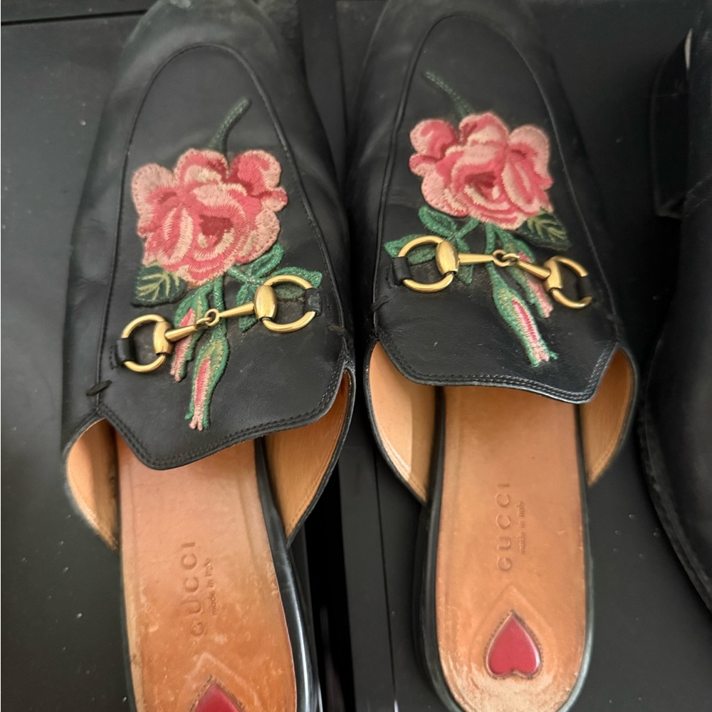 Gucci Black and Pink Mules with Gold Hardware